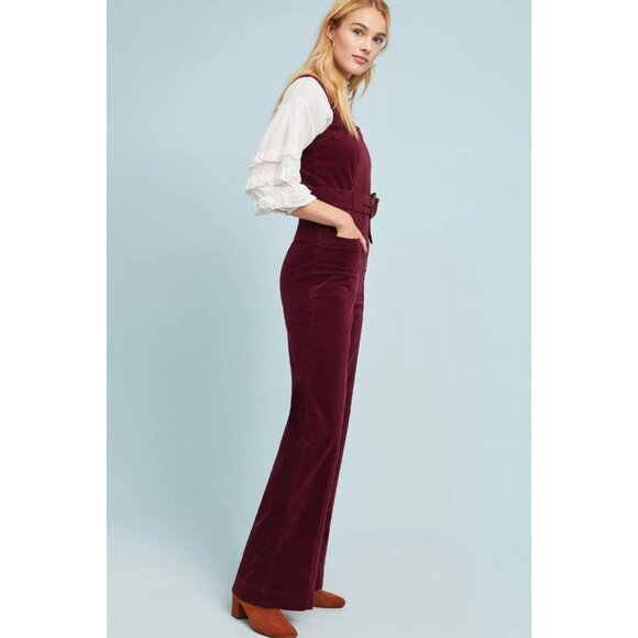 PILCRO Dark Purple Cotton Corduroy Belted Boot Leg Overalls Jumpsuit, Size 2 - Picture 2 of 14